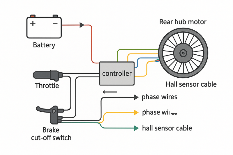 It maps the core components—battery, controller, rear hub motor, throttle, and brake cut-off switch