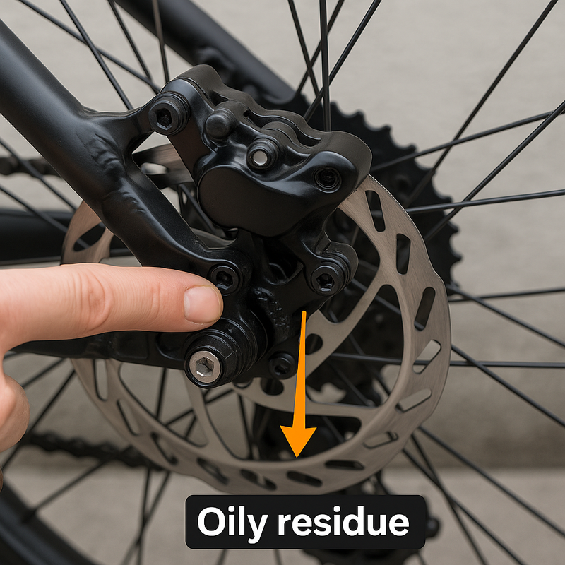 Close-up of rear disc brake caliper showing oily residue from hydraulic brake fluid leak.