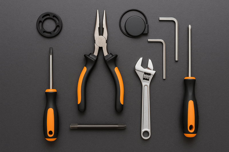 Flat-lay of tools for e-bike cadence sensor replacement: Allen wrenches, pedal wrench, crank puller tool, bottom bracket removal tool, replacement cadence sensor kit with magnet disc, zip ties, and grease.