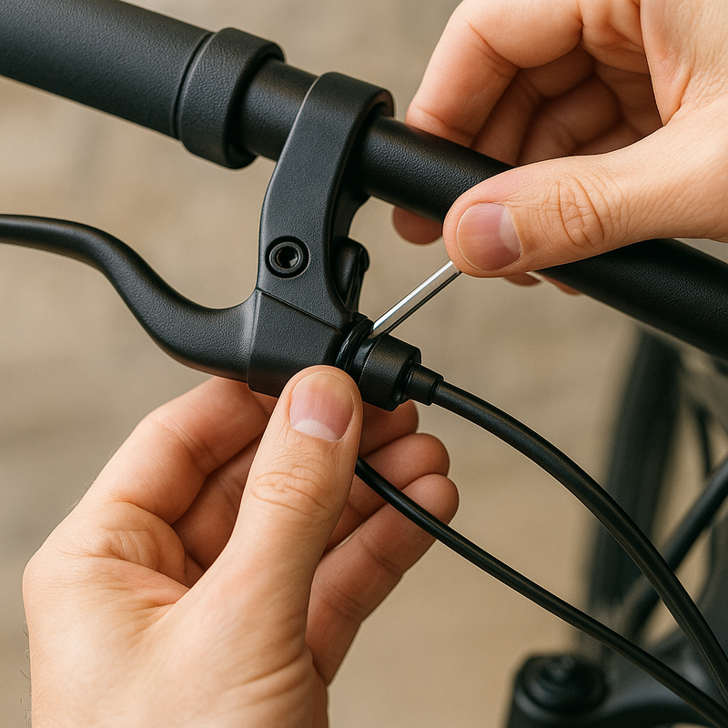 Close-up of a newly installed brake lever on an e-bike handlebar with the sensor cable neatly aligned and secured.