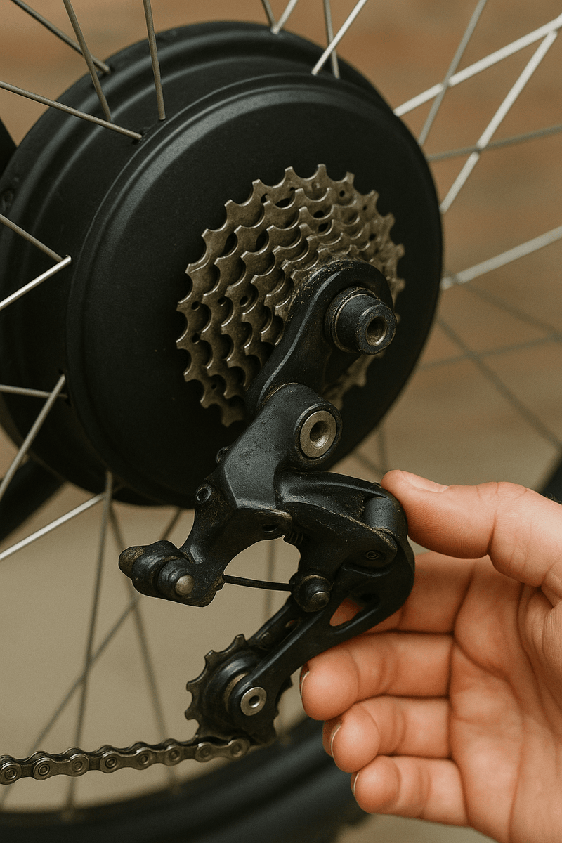 Close-up of a bent derailleur hanger and cassette on an electric bike wheel.