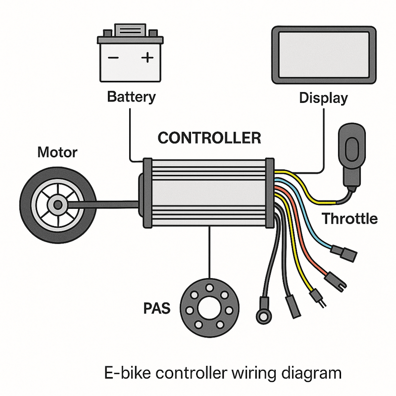 E-bike controller wiring diagram showing labeled connections to motor, battery, PAS, throttle, and display.