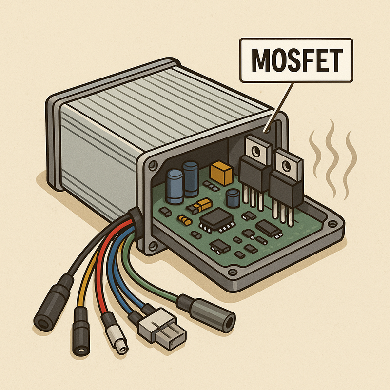 Illustration of an opened e‑bike controller box showing a green circuit board with MOSFET transistors and color‑coded wires extending to multiple connectors.
