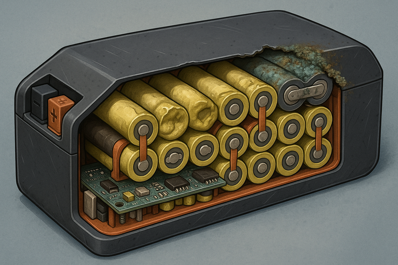Cutaway illustration of a damaged lithium-ion e-bike battery pack showing swollen cells and corrosion