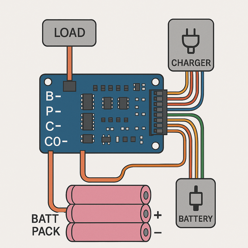 Diagram of a 48 V BMS board showing labeled B‑, P‑, C‑, C0‑ leads, balance harness, and connections to charger, load, and battery pack.