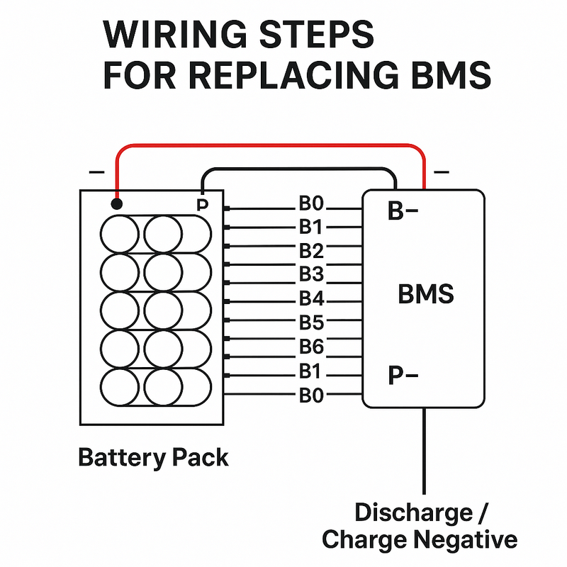 Step-by-step wiring diagram for replacing a 36V BMS showing labeled connections for B0 through B6 and terminals B-, P-.