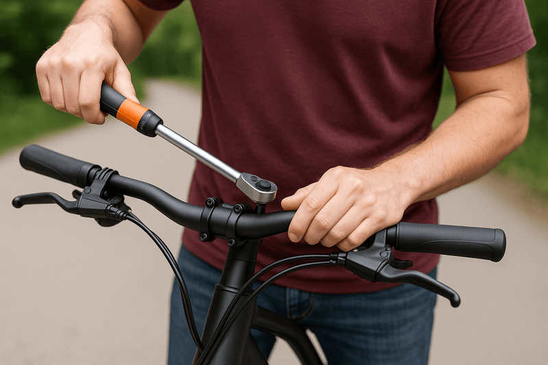 Cyclist tightening a stem bolt with a torque wrench to install a flat handlebar on a commuter e-bike.