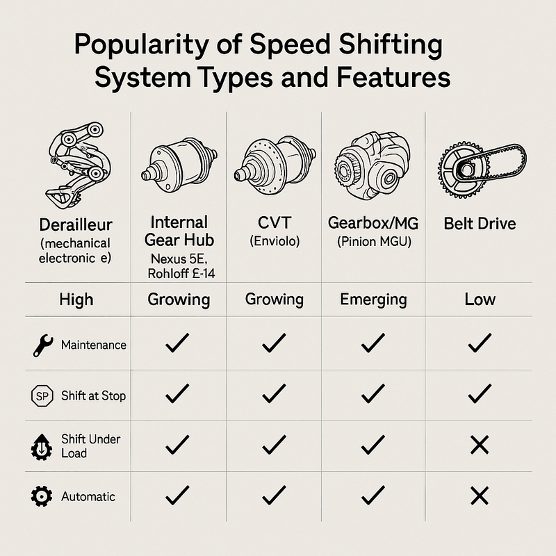 Infographic comparing e-bike shifting systems—derailleur, IGH, CVT, gearbox/MGU, and belt drive—showing popularity and features: maintenance, shift at stop, shift under load, automatic.
