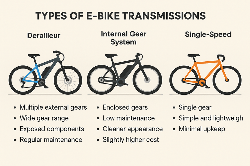 Infographic comparing derailleur, internal gear hub, and single-speed e-bike transmissions with key characteristics and visual examples.