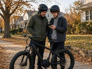 Parent and teen in helmets compare e-bike details on a phone beside a fat tire e-bike on an autumn neighborhood sidewalk