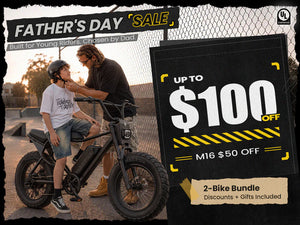 Macfox Father's Day Sale banner with dad and young rider on an e-bike