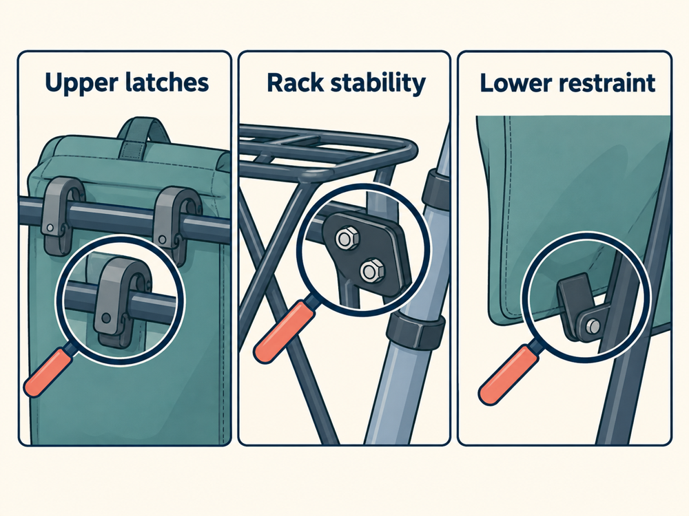 Pannier Top Hooks Are Locked but the Bottom Swings Toward the Wheel