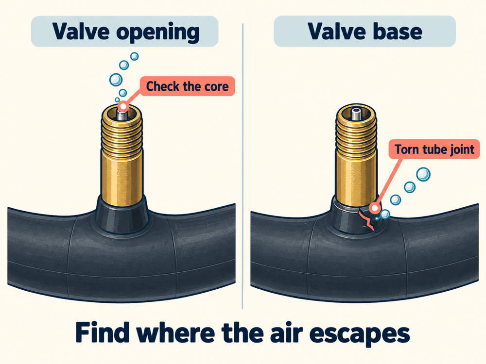 Inner Tube Leaking at the Valve: Core Leak or Torn Valve Base?