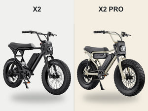 Previous Macfox X2 eBike and current Macfox X2 Pro eBike labeled side by side.