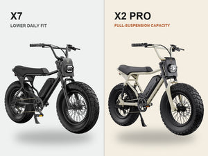 Macfox X7 eBike and Macfox X2 Pro eBike shown side by side for comparison.