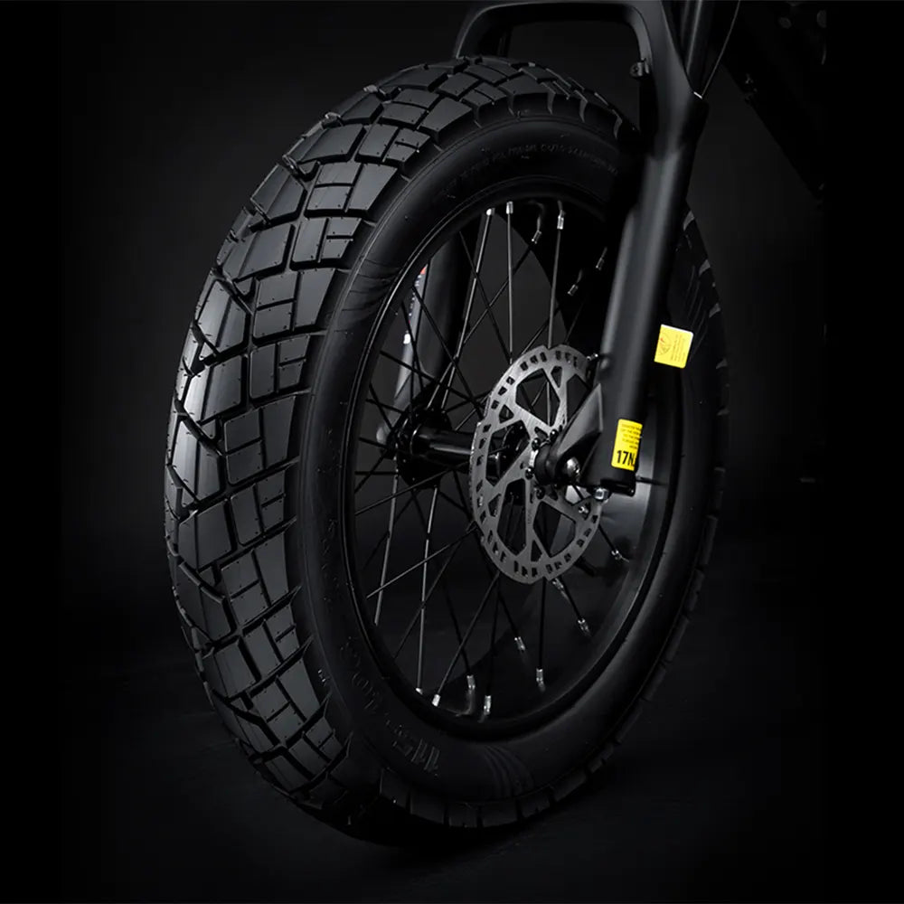 Custom 20x4.5'' front and 20x5.0'' rear fat tires are the widest on the market, delivering unmatched safety and stability. Their bold size gives the bike a cooler stance, and the R&D team calls it the little monster of the road.