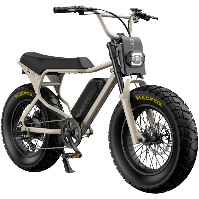 Macfox X7 desert beige electric bike single product view with fat tires and full suspension eBike